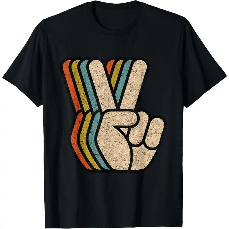 Women's  Cotton Short-Sleeve Round Neck Top, Korean Style Retro Peace Sign V-Fingers Print T-Shirt, 60s-80s Vintage Cool Graphic Streetwear Casual Distressed Tee