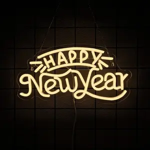 Happy New Year Neon Sign Warm Light, USB Powered Wall Decor, LED Happy New Year Neon Sign for Living Room, Christmas Party Decoration