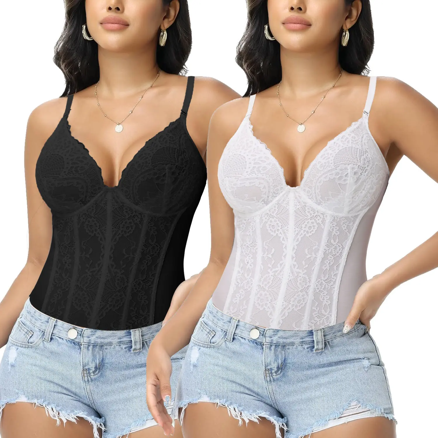 Women's Sexy Underwired Lace Floral Mesh Overbust Corset Bodysuit - Spandex, Tummy Control, Adjustable Strap Cami Crop Top, Lady's Casual Festival Shapewear for Date Night, Party, Date Night Top, Wedding, Nylon