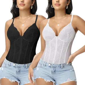 Women's Sexy Lace Floral Mesh Bustier Overbust Corset Shapewear Bodysuit for Going Out Party Club Date Night Underwired Adjustable Strap Cami Crop Top, Tummy Control Shapewear Bodysuit Crop Top Womenswear