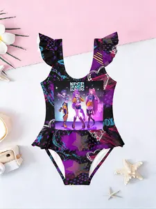 Girls' Colorblock Sleeveless Jumpsuit, Kpop Demon Hunters Stage Style, All over Print, Casual Fashion, Summer Wear