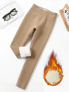 Girls' High Waist Embroidered Fleece Lined Pants, Casual Fall Winter Warm Bottoms, Stylish and Versatile Clothing