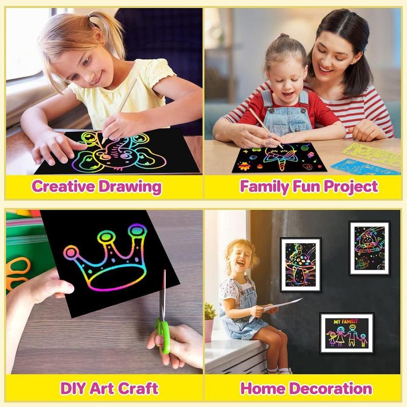 50 Pcs Scratch Art for Kids, Rainbow Scratch Paper, Black Magic Scratch Off Craft Set for 3 4 5 6 7 8 9 10 Years Old Girls and Boys Kids, Party Games Christmas Birthday Easter Gifts