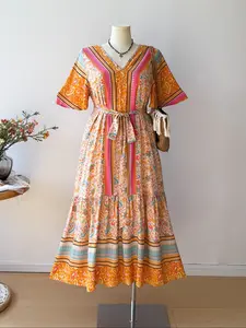 Bohemian Plus Size Floral Print V Neck A-Line Dress, Summer Stylish Beach Vacation Dress for Women, Comfortable Plus Size Floral Sundress, Casual Wear