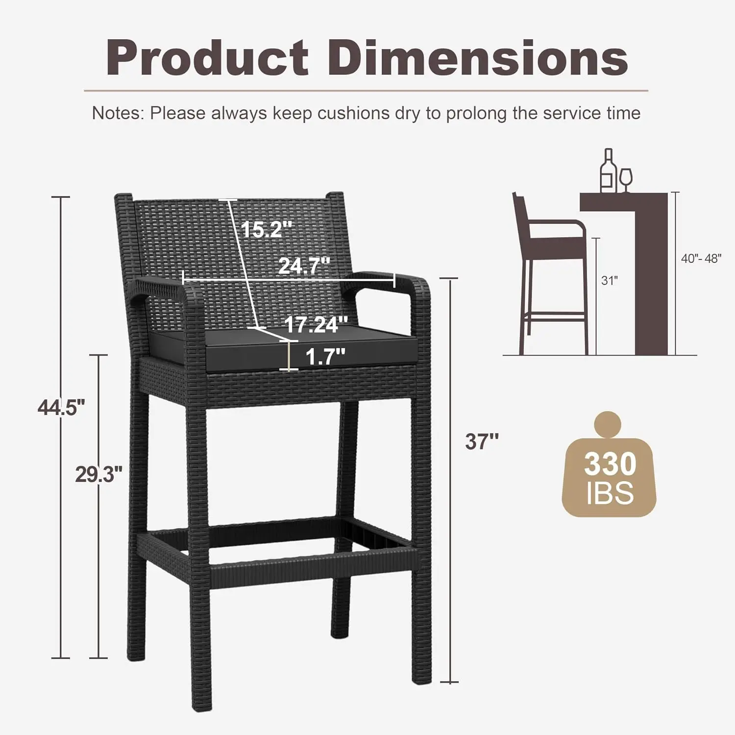 Set of 2 Wicker Outdoor Bar Stools with Armrests – Tall Bar Height Patio Chairs, Perfect for Balcony, Garden, Pool Deck and Backyard Use