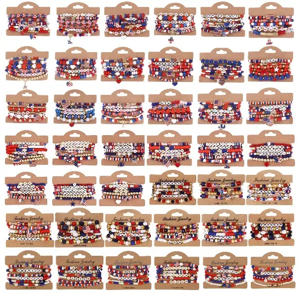 Women's Bead Bracelets Set, Patriotic American Flag Pattern Layered Resin Beads, Stretch Arm Candy for 4th of July Party Favors, 18-38 Pcs, Independence Day, 18Pcs Mix, American Patriotic Bracelets & Bangles, Colorful Mix