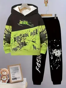 Boys' Fashion 3D Graffiti Letter Patchwork Hoodie Set with Pants, Casual Comfortable Fall Winter, Pocket Design, Outdoor Activities