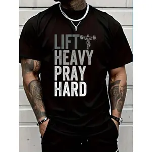 Lift Heavy Pray Hard 100% Cotton Christian Faith Gym Jesus T-Shirt For Men Cool Comfy Graphic Tees Ideal for Workouts & Summer