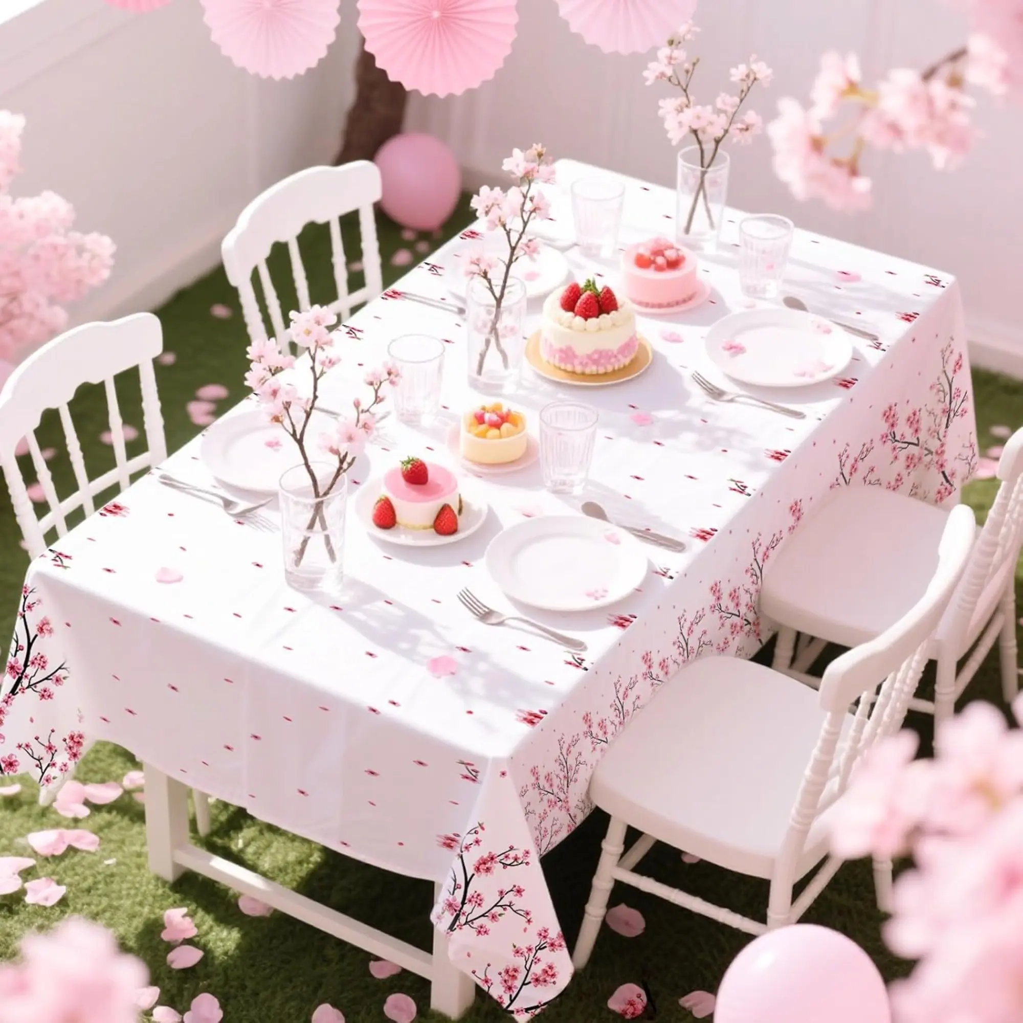EastJia Made in USA Cherry Blossom Tablecloth, Waterproof Washable Reusable Polyester, Ideal for Baby Shower, Birthday Parties & All Occasions