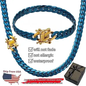 Set 2Pcs 18K Blue Gold Vacuum Plated Stainless Steel 10mm Unisex Hip Hop Miami Cuban Link Chain Necklace & Bracelet Jewelry for Daily Wear Casual Fashion Gift Chicano Style