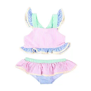 Colorblock Seersucker Two Piece Swimsuit - Girls Pastel Swimwear