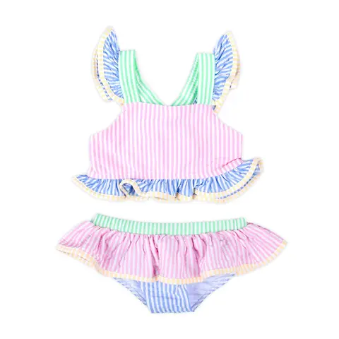 Colorblock Seersucker Stripe Two Piece Swimsuit - Girls' 2Pc Pastel Swimwear with Peplum & Bow, UPF 50+ Sun Protection