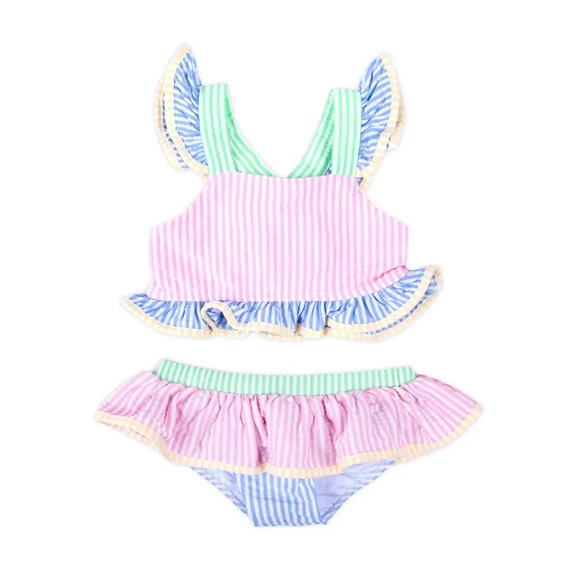 Colorblock Seersucker Stripe Two Piece Swimsuit - Girls' 2Pc Pastel Swimwear with Peplum & Bow, UPF 50+ Sun Protection