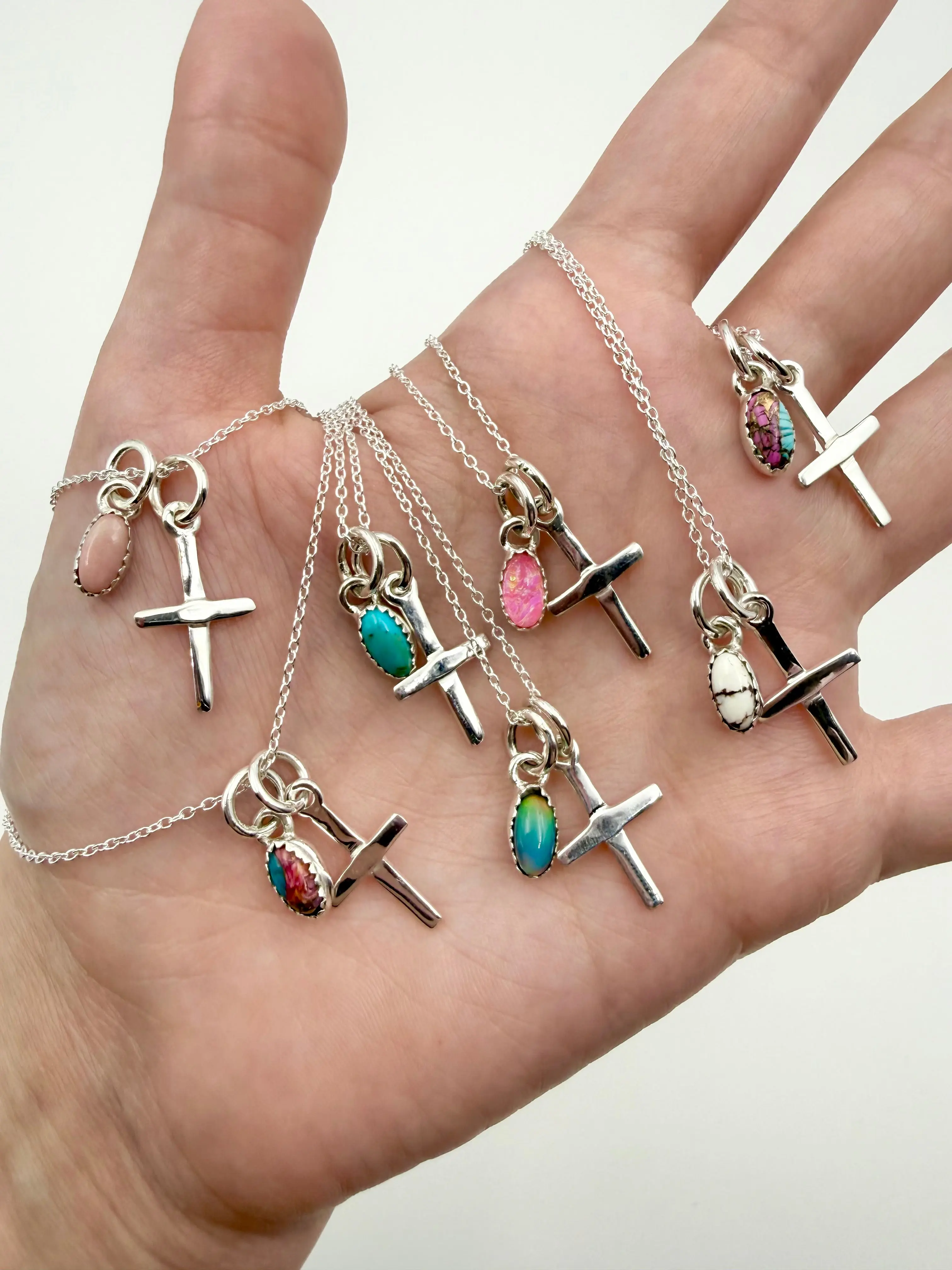 Sterling Silver Cross And Gemstone Charm Necklaces