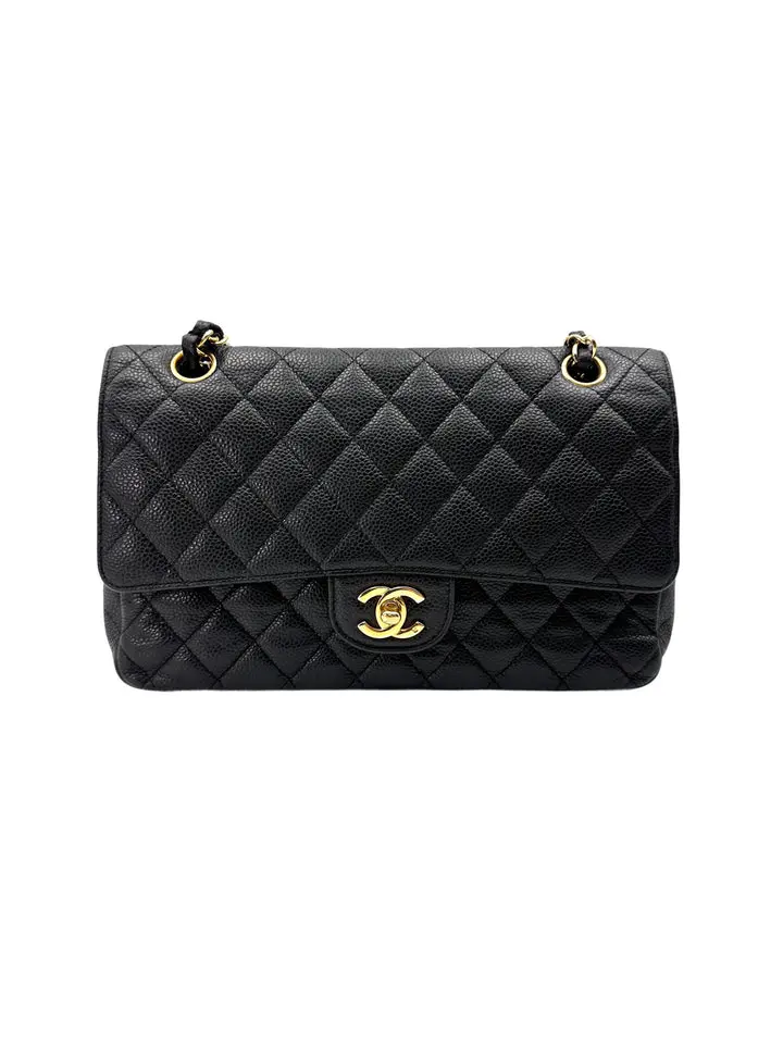 Pre-owned CHANEL leather Shoulder Bags Classic Flap Black Quilted Medium Size Flap Bag With Gold Buckle(12***53) CC2015