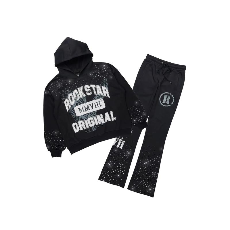 Borya Black Rhinestone Hoodie/Stacked Pant Track Set