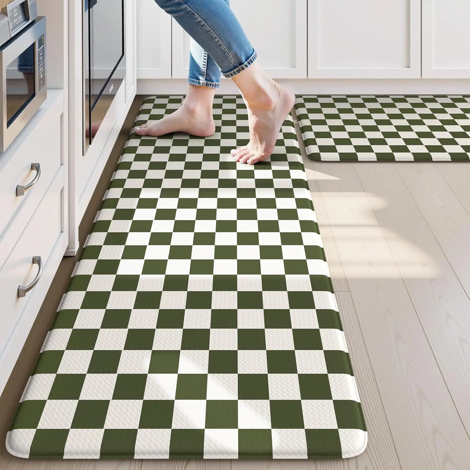 Anti  Kitchen Mat, Farmhouse Checkered Kitchen Rugs, Kitchen Floor Mats Non-Slip, Comfort Kitchen Mats for Floor Sink Laundry Office Desk Green and White 17"x47"+17"x29"