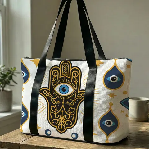 1 Piece of Hamsa Hand & Evil Eye Themed Printed Handbag, Large Capacity Travel Duffel Bag, Portable Overnight Bag, Fashionable Bag, Travel Essentials Bag, Yoga Gym Bag, Portable Crossbody Bag with Shoe Storage Compartment
