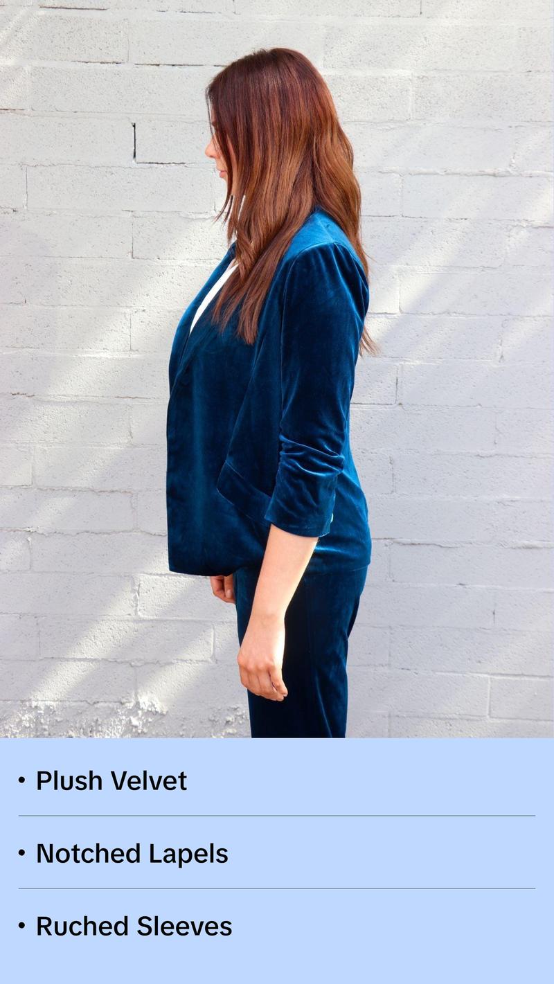 Velvet Blazer with Ruched Sleeves in Teal Color - Detailed Product Description Provided