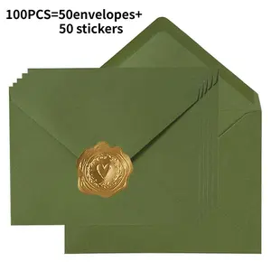 50/100 Pieces Including (A7/A6 Envelopes+25 Gold Stickers), Retro Olive Green European Colored Envelopes, Wedding Party Invitation Self-adhesive Envelope Set