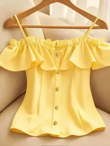 Women's Summer New Fashion Elegant Casual Solid Color Fitted Off-Shoulder Ruffle Trim Open Front Shirt, Stylish and Comfortable Blouse