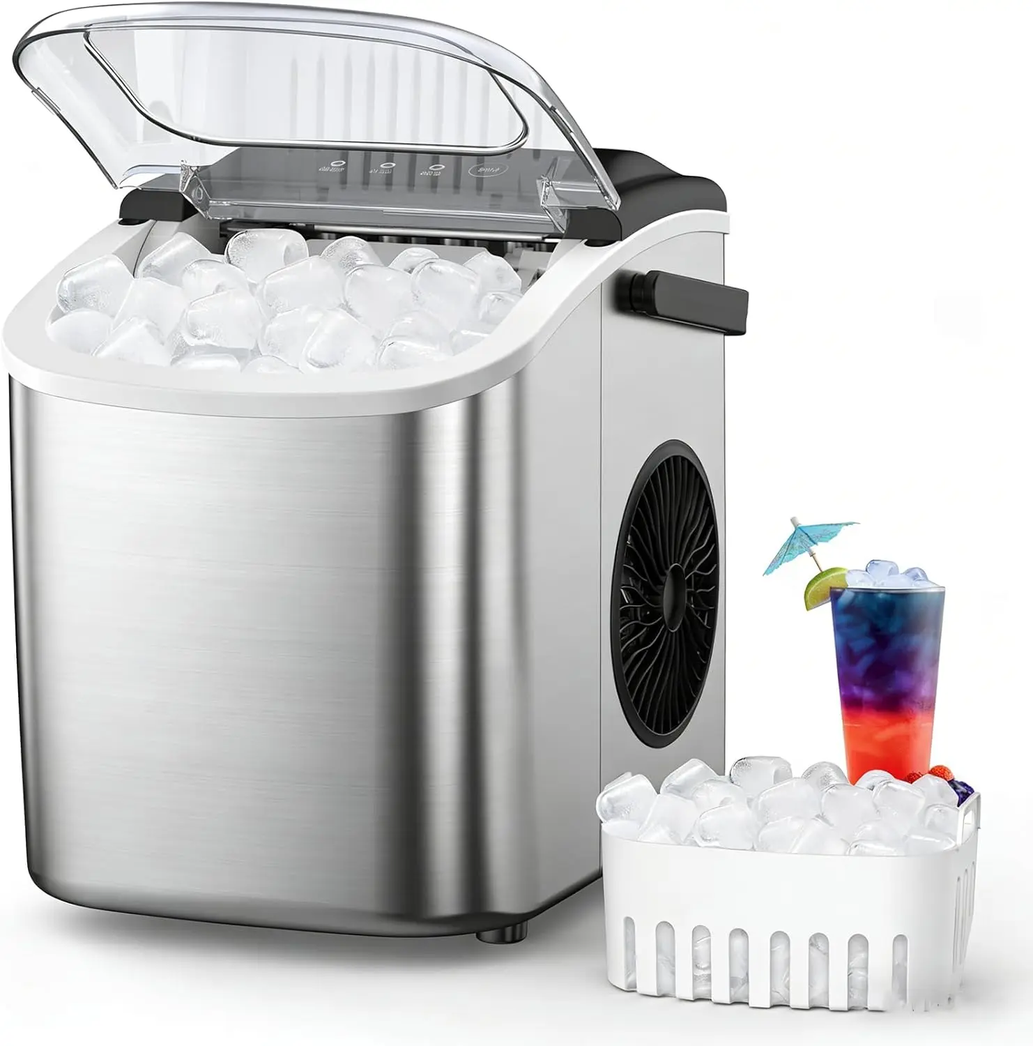 XBEAUTY Residential Stainless Steel Portable Ice Making Machine - 9 Cubes in 6-8 Mins, 26.5lbs/24H, 14.5lbs Capacity, Carry Handle, Below 40dB Bass Operation, for Home Kitchen Use, Sohochic, 14.5 Pounds
