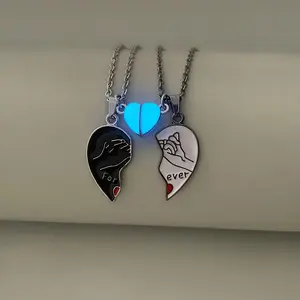 Forever Love Luminous Heart Couple Necklaces - 2pcs Set, Glow-in-the-Dark Pendant, Alloy Fashion Promise Jewelry for Women