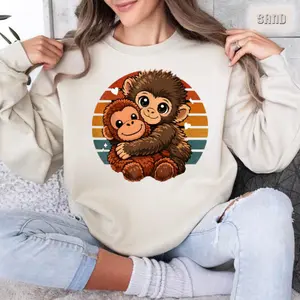 Women's Casual 100% US Cotton Unisex Crewneck Sweatshirt Tops, Cute Monkey Hug Graphic, Soft Heavyweight Fabric, Relaxed American Fit, Medium Length, All Seasons Gift for Best Friends - KitchenEra