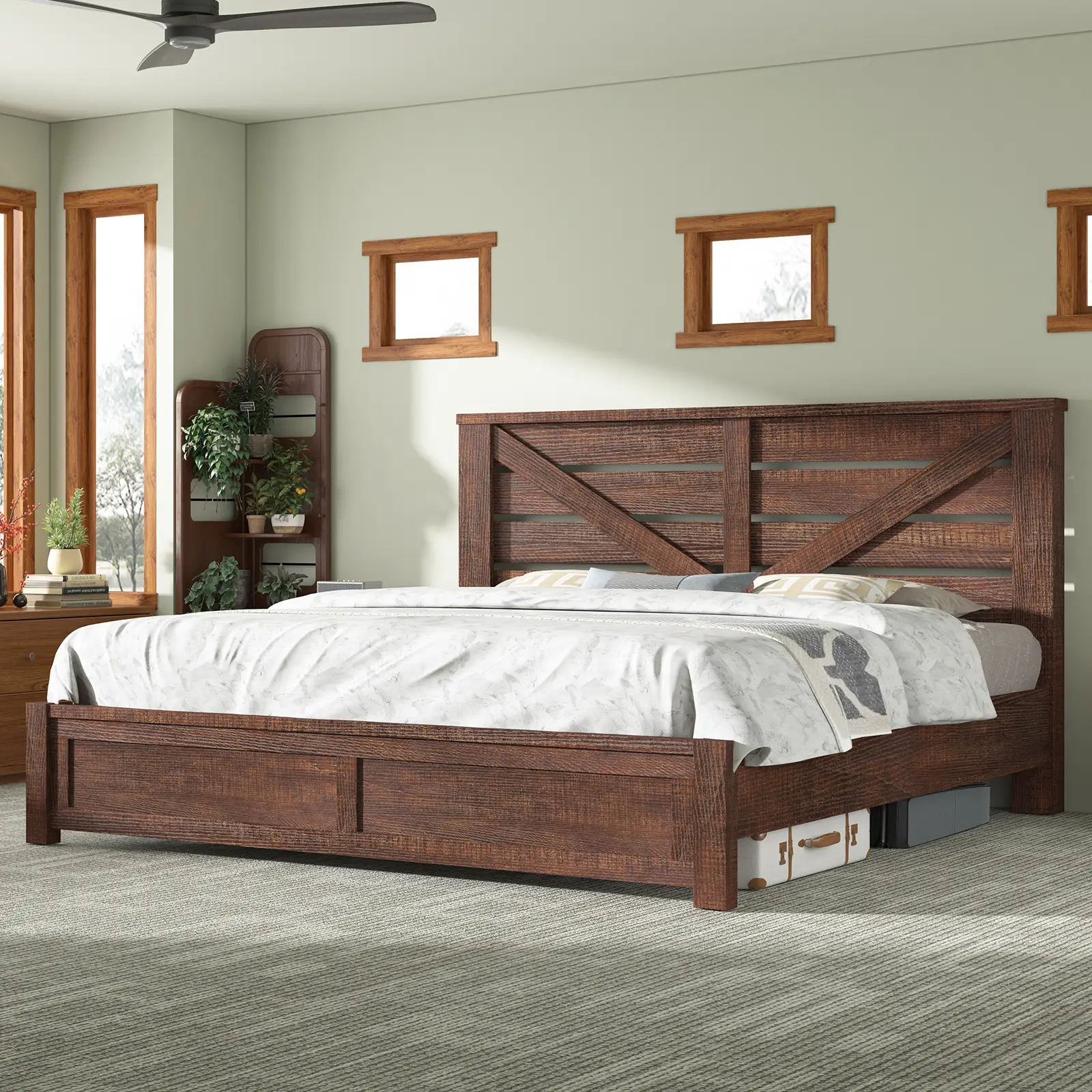 VanAcc Farmhouse Bed Frame with 49.2" Barn Door Headboard, Platform Bed Frame with Wood Slats, Under Bed Storage Space, Noisy Free, Easy Assembly
