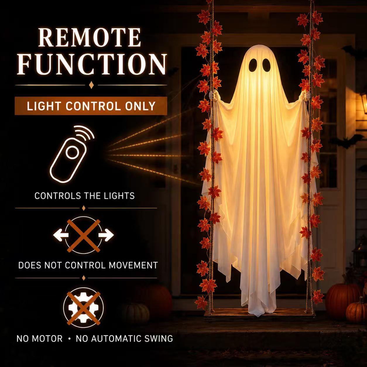 LED Light-Up Swinging Ghost Halloween Decoration with Maple Leaf Garland & Remote Control, Hanging Outdoor Decor for Yd, Porch & Party, Halloween Decorations Outdoor, Party Lighting Decoration