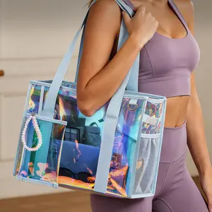 Jelly Tote Bag, Iridescent Beach Tote Bags for Women, Large Zipper Beach Pool Swim Bag with Makeup Bag, Waterproof Phone Pouch, Waterproof Sandproof, Large Travel Tote Bag