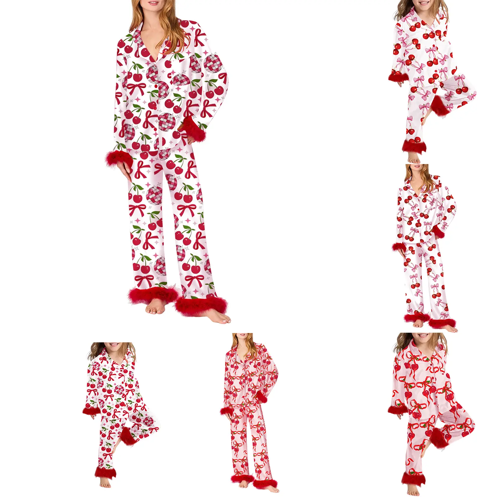 Mommy and Me Matching Soft Pajamas Cherry Bow Print Long Sleeve Lapel Tops and Pants Set Family Valentine's Day Homewear Sleepwear