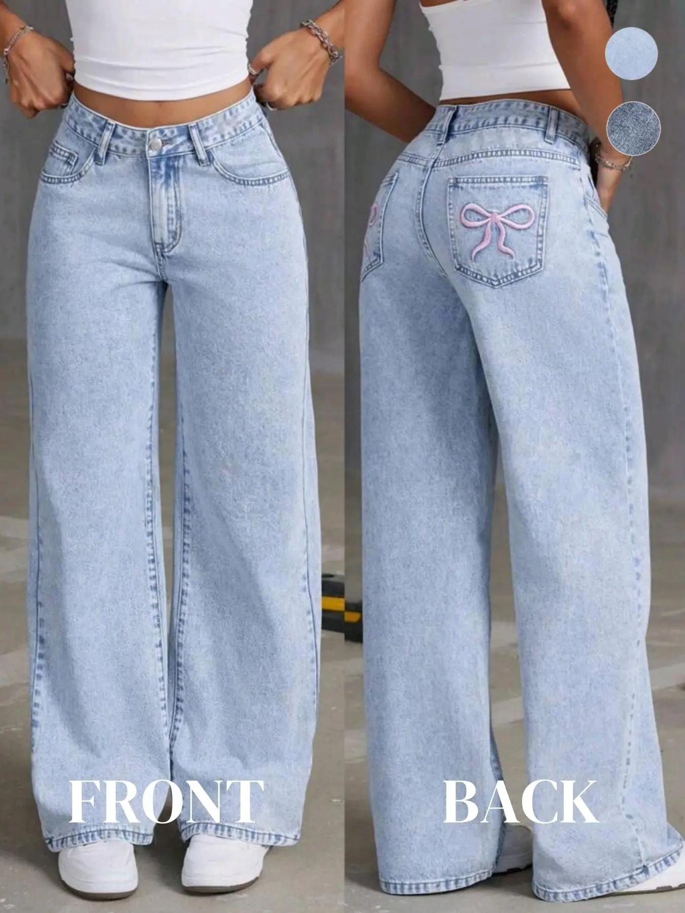 Women's Plain Bow Embroidery Button Fly Straight Leg Light Wash High Waisted Denim Jeans, Casual Comfy Chic Streetwear Pocket High Waist Cotton Denim Pants for Daily Wear, Ladies Womenswear Bottoms for Fall & Winter, Baggy Pants