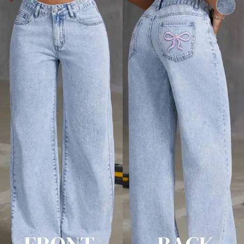 Women's Plain Bow Embroidery Button Fly Straight Leg Light Wash High Waisted Denim Jeans, Casual Comfy Chic Streetwear Pocket High Waist Cotton Denim Pants for Daily Wear, Ladies Womenswear Bottoms for Fall & Winter, Baggy Pants