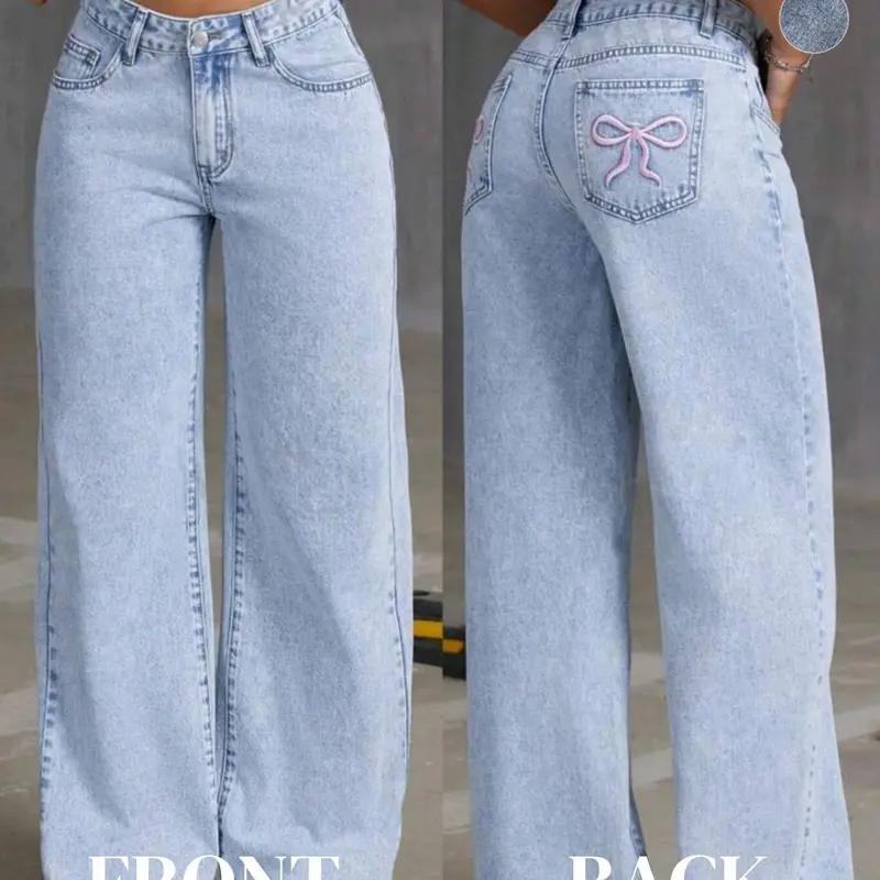 Women's Plain Bow Embroidery Button Fly Straight Leg Light Wash High Waisted Denim Jeans, Casual Comfy Chic Streetwear Pocket High Waist Cotton Denim Pants for Daily Wear, Ladies Womenswear Bottoms for Fall & Winter, Baggy Pants