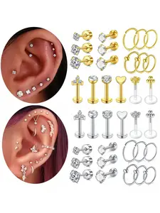 18pcs/set 16G 316L Stainless Steel Cartilage Earrings, Helix Earrings, Tragus Piercing Jewelry, Piercings Kits, Body Piercing Kit, Stud with Flat Back And Synthetic Zirconia, Exquisite And Elegant Festival Gift For Women Men