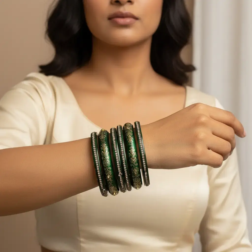 Rajasthani Lac Bangle Set for Women - 6 Pc Handcrafted Bridal Bracelets with Floral Design & Rhinestones for Festivals, Weddings, Bracelets Jewelry, Bridal Bracelet