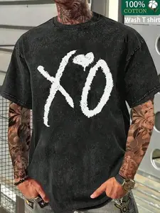 Men's Casual Sporty Short Sleeve Shirt, Xo & Heart Print, Comfortable Round Neck Tee for Outdoor Gym Shopping, Athletic Sports Clothing, Trendy Versatile Men's Clothing