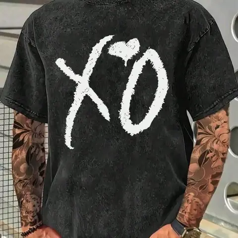 Men's Casual Sporty Short Sleeve Shirt, Xo & Heart Print, Comfortable Round Neck Tee for Outdoor Gym Shopping, Athletic Gym Shirts, Athletic Sports Clothing, Trendy Versatile Men's Clothing, Activewear Tee