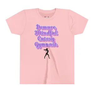 Demure Gymnast T-Shirt Youth Size Soft Style Unisex 100% Ring Spun Cotton Eurofit True to Size Pink Tee