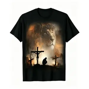 Summer t Shirts Lion of Judah Jesus Cross Praying Christian T-Shirt, Religious Faith Graphic Tee, Crown of Thorns Lion Shirt, Christian Gift for Men, Viral Christian Apparel