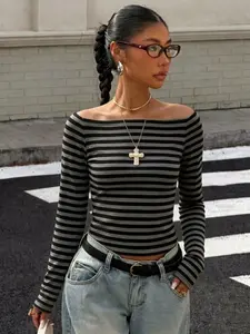 Women's Striped Boat Neck Off-Shoulder Long Sleeve Top, Womenswear, Slim Fit Casual T-Shirt, Y2K Aesthetic Punk Rock Fashion Style, Perfect for Daily Wear