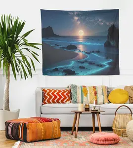 Moonlit Ocean Wall Tapestry, Glowing Bioluminescent Shore Under the Stars for a Calm Dreamy Aesthetic Room