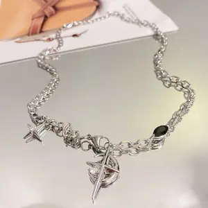 Titanium Steel Clavicle Chain with Black Sapphire Star Pendant Men's Urban Hip-Hop Necklace 19.69 inches Length Free Random Earring Offer