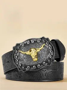 Men's Vintage Western Cowboy PU Belt with Bull Head Metal Buckle, Stylish Retro Design for Casual Wear, Durable Fashion Accessory, Boho Style Belt