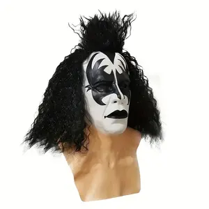 Authentic Gene Simmons Kiss Mask, Street Style Synthetic Latex, Hand Washable Halloween Costume Accessory, Curly Hair, Face Paint