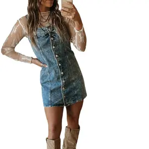 Suspender Old Casual Western Style Slim Denim Dress Womenswear Summer
