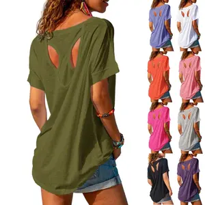 PASLTER Womens Elegant Trendy Open Back Comfy Casual Loose Fitting Workout Casual Yoga T-Shirt Summer Gym Tee