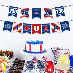 2026 Usa Independence Day Banner Decoration, I Love America & 1776-2026 Patriotic Flag String, Blue Party Supplies