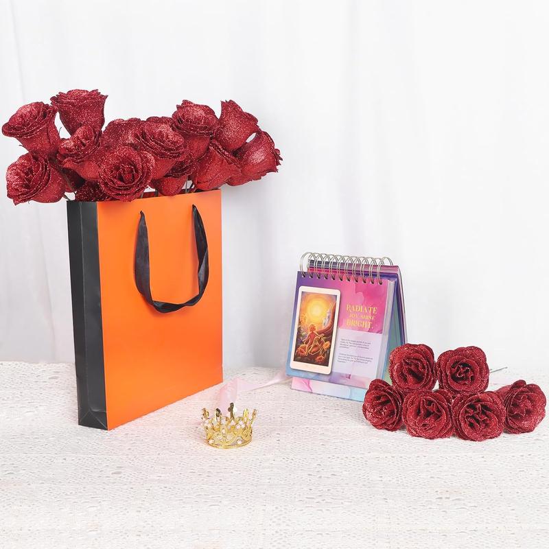 24Pcs DIY Glitter Roses Bouquet – Shiny Artificial Red Roses Bouquet Fake Rose Birthday，Anniversary, Engagement, Wedding, Gifts for Women DIY Decorations Gift Set